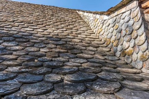 Stone tiles used for roofing in Aubrac. Aveyron, France, Europe