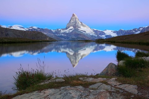 Matterhorn and mountain lake, Stellisee, Valais, Switzerland, Europe