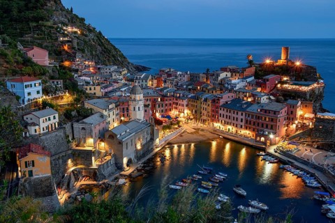 Vernazza fishing village, blue hour, Cinque Terre, La Spezia province, Liguria, Italy, Europe