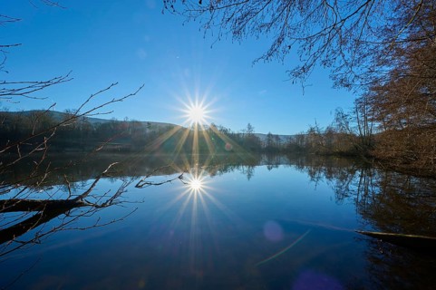 Lake at sunrise, Freudenberg am Main, Untermain, Spessart, Odenwald, Franconia, Baden-Württemberg,