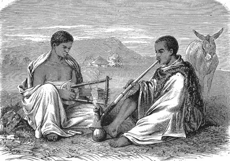 Abyssinia, Local peasants smoking a pipe and playing a musical instrument, 1869, Ethiopia,