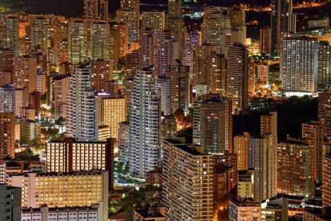 Skyscrapers by night, Benidorm, Costa Blanca, Valencian Country, Spain, Europe