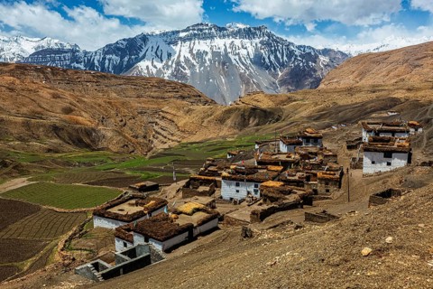 Comic village in Himalayas. Spiti Valley, Himachal Pradesh, India, Asia