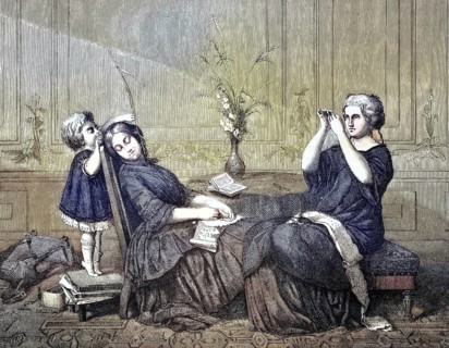 Orphan teasing his sleeping nanny with a blade of grass, 1880, Historic, digitally restored