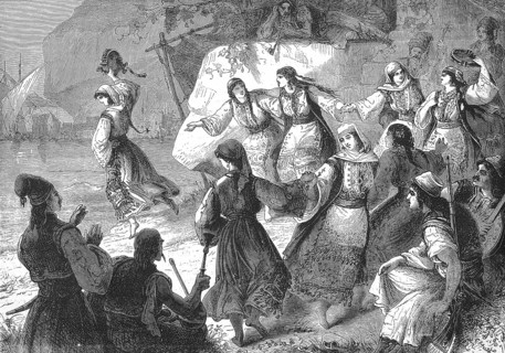Women in traditional traditional costume dancing Romaika, a folk dance from Greece, in 1869,