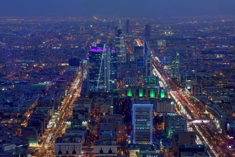 Panoramic view from the Sky Bridge, blue hour, Kingdom Center, Riyadh, Saudi Arabia, Asia