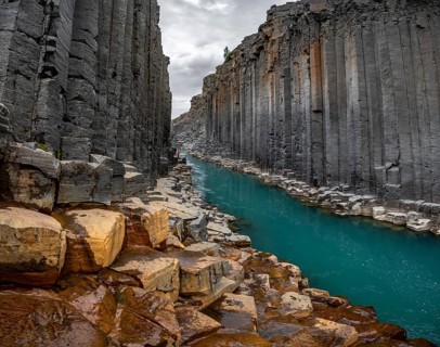 Stuðlagil Canyon, turquoise river between basalt columns, Egilsstadir, Iceland, Europe