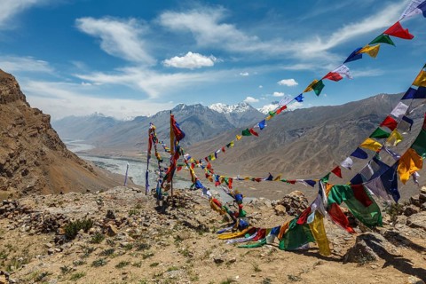 Buddhist prayer flags (lungta) in Spiti Valley in Himalayas, Himachal Pradesh, India, Asia