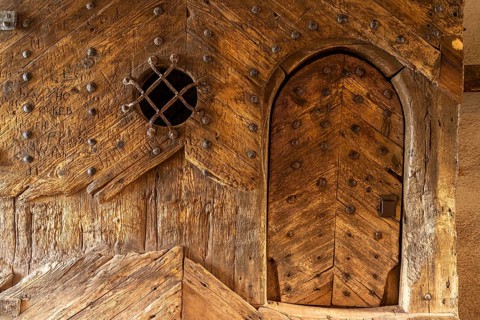 Wooden door in the gatehouse of Wartburg Castle, UNESCO World Heritage Site in Eisenach, Thuringia,
