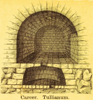 Carcer Tullianum or Tullianus, Roman prison, underground room, cellar vault, stone wall, title,