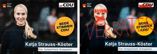 Comparison of two large posters for the 2025 federal election by the CDU with Katja Strauss-Köster,