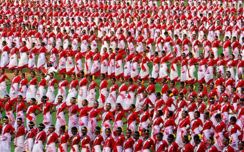 Several thousands of dancers perform traditional Jhumur dance, as they full dress rehearse on the