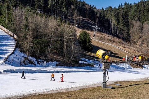 Winter sports area in the Sauerland, Winterberg ski lift carousel, artificial snow slopes,