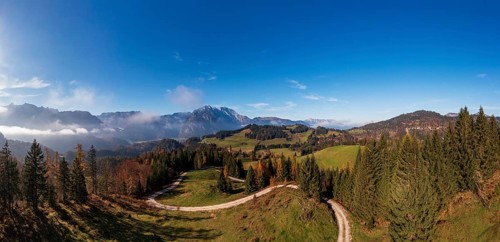 Drone shot, view from the Moosegg high plateau to the Hoher Göll, Golling, Osterhorn group,