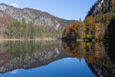 Autumn mood at lake Almsee, Grünau, Austria, Totes Gebirge, Europe
