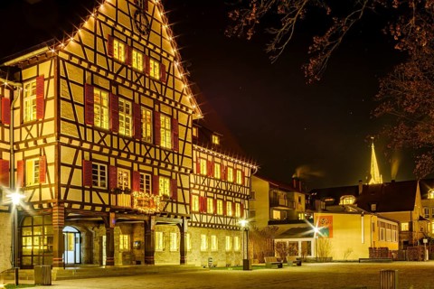 The festively decorated town hall of Münsingen at Christmas time, Swabian Alb, Reutlingen district,