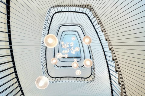 Modern staircase in an office building with a view from below, Zurich, Switzerland, Europe
