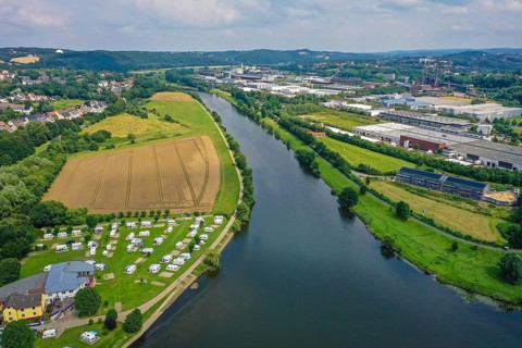 Hattingen, North Rhine-Westphalia, Germany - Cityscape on the Ruhr, Ruhr promenade, in front a