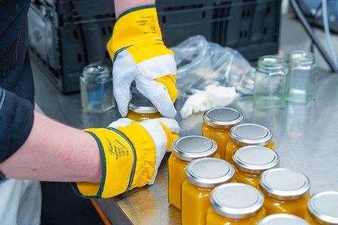 Filling orange liquid into jars, several filled jars on site, jam production, Haselstaller Hof,