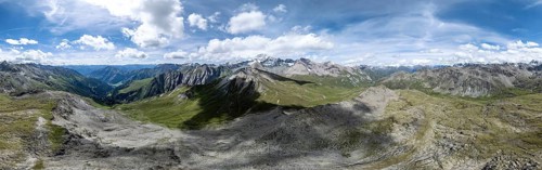 Panorama, mountain landscape with mountain hut Glorer Hütte and summit Großglockner, aerial view,