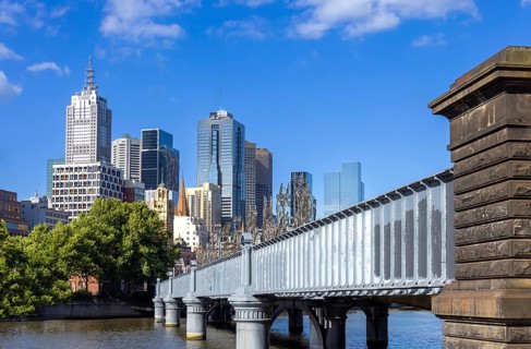 Australia scenic Melbourne downtown skyline panorama near Yarra River and financial business center
