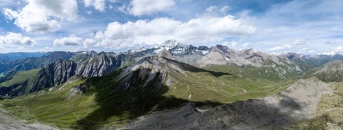 Panorama, mountain landscape with mountain hut Glorer Hütte and summit Großglockner, aerial view,