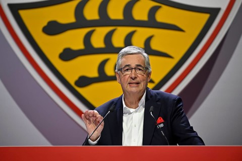 President Dietmar Allgaier VfB Stuttgart holds speech at the podium, gestures, coat of arms, logo,