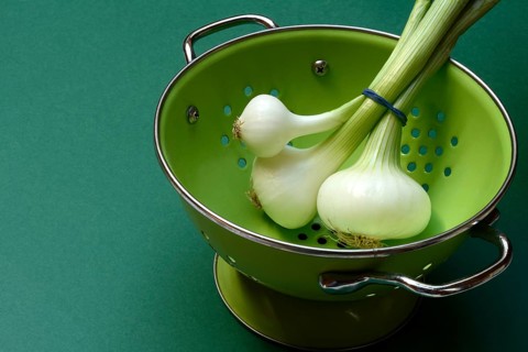 Onion, spring onions in sieve pot