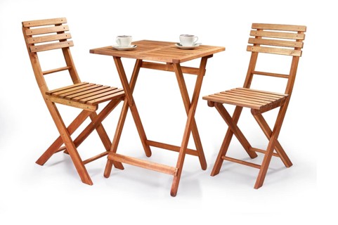Balcony or bistro set, 2 folding chairs and wooden end table in front of a white background, two