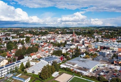 Drone image, city view, Ried im Innkreis, Innviertel Upper Austria, Austria, Europe
