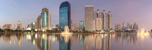 Benjakitti Park, eastern water zone with water fountain, a municipal park in the Khlong Toei