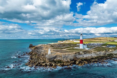 Portland Bill Lighthouse from a drone, Portland Bill, Isle of Portland, Dorset, England, United