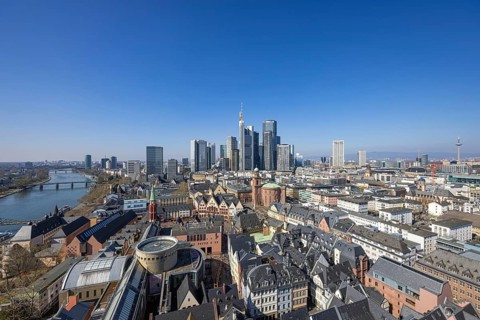 The view from St. Bartholomew's Cathedral takes in Frankfurt city centre and the banking skyline,