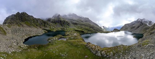 Mountain landscape with cloudy peaks and mountain lakes Wangenitzsee and Kreuzsee, Schober Group,