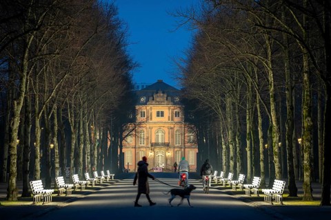 The light benches by artist Stefan Sous in the Hofgarten, entitled UV-A UV-B, 14 completely