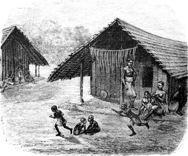 Everyday life of indigenous families on the Congo River, children playing outdoors, people sitting