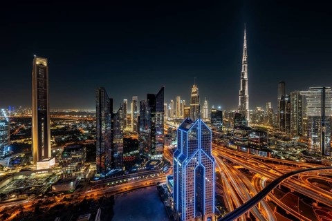 Dubai skyline at night, Burj Khalifa tallest building in the world, United Arab Emirates, Asia