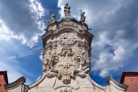 Clock tower of the castle church in the courtyard of the Ellingen Residence, Ellingen, Middle