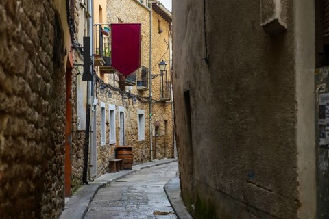 Cobblestone street winding through the charming medieval town of olite, navarre, spain, featuring