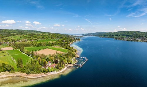 Aerial view, panorama of Oberstaad Castle, also Jacques Schiesser House on the southernmost part of