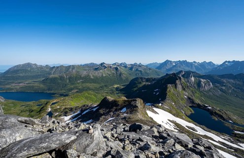 Mountains and fjord landscape, view from the summit of Rundfjellet, Lake Hellskarvatnet, Svolvaer,