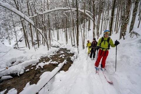 Three ski tourers in snowy winter forest with mountain stream, Hachelbach in Josefstal,