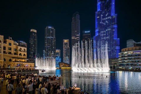 Fountain Dubai Fountain, water show at night, Dubai, United Arab Emirates, Asia