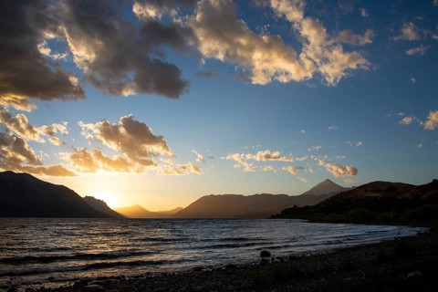 Sunset at Lago Huechulafquen with the Lanin volcano in Lanin National Park, Patagonia, Argentina,