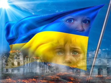 Symbolic image, Ukraine flag in front of a bright sky, sad children's eyes, bombed city, Donald