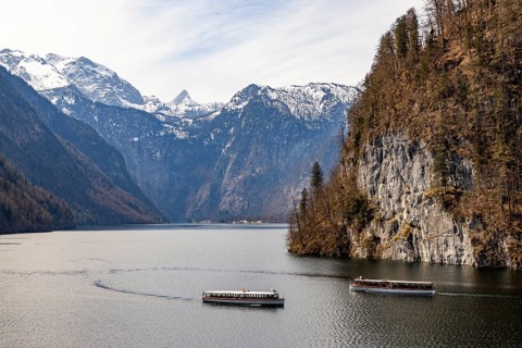 Excursion boats on the Königssee, behind the Steinerne Meer, Berchtesgaden National Park, Schönau