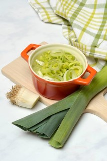 Leek, leek sticks and leek rings in a bowl