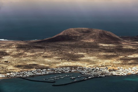 View from the Mirador del Rio, a viewpoint in the north of Lanzarote, down to the neighbouring