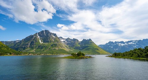 Austnesfjorden fjord, idyllic mountains and fjord landscape, Nordland, Norway, Europe