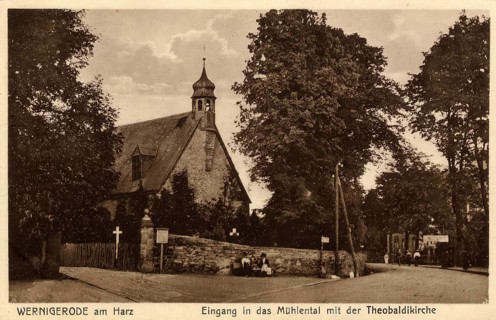 Historical postcard, picture postcard, entrance to the mill valley with the Theobaldi church in